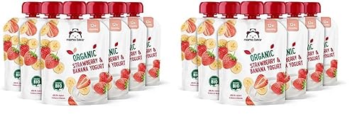 Amazon-Marke: Mama Bear Bio Zubereitung aus Joghurterzeugnis, Erdbeere, Banane und Joghurt, Vegetarian, 90g (6er-Pack) (Packung mit 2) von Mama Bear