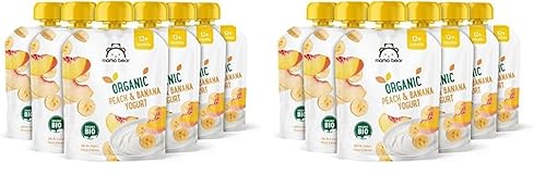 Amazon-Marke: Mama Bear Bio Zubereitung aus Joghurterzeugnis Pfirsich, Banane und Joghurt, Vegetarisch, 90g (6er-Pack) (Packung mit 2) von Mama Bear