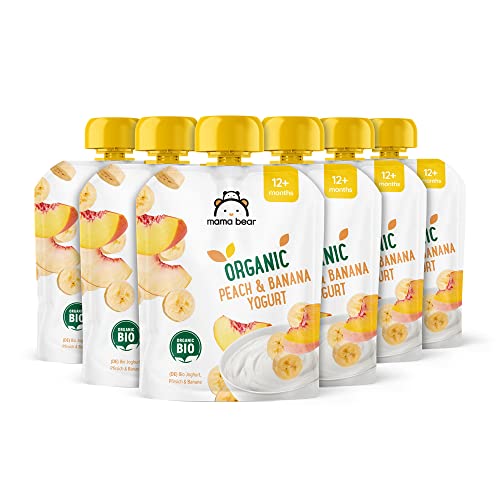 Amazon-Marke: Mama Bear Bio Zubereitung aus Joghurterzeugnis Pfirsich, Banane und Joghurt, Vegetarisch, 90g (6er-Pack) von Mama Bear