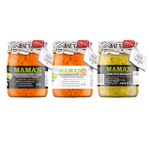 3pack Variation - 1x Ajvar mild 550g, 1x Ajvar scharf 550g und 1x grüner Ajvar mild 550g von Mama's Food