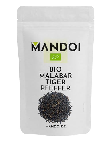 Mandoi Bio Tiger Malabar Pfeffer, 200g schwarze Pfefferkörner ganz, Tigerpfeffer aus biologischem Anbau. Für die Pfeffermühle geeignet von Mandoi