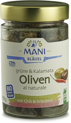 Grüne&Kalamata Oliven al naturale, Chili&Kräuter von Mani Bläuel