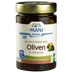 Grüne & Kalamata-Oliven mit Stein in Olivenöl von Mani Bläuel