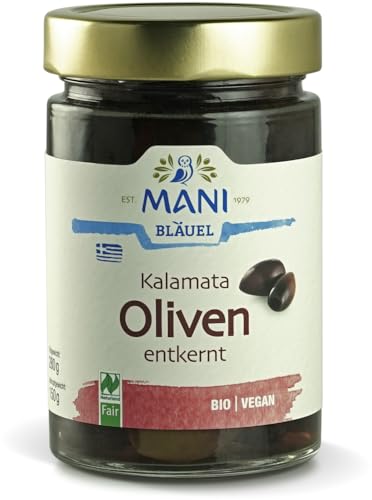 Mani Bläuel Bio MANI Kalamata Oliven in Lake, entkernt, NL Fair (6 x 280 gr) von Mani Bläuel