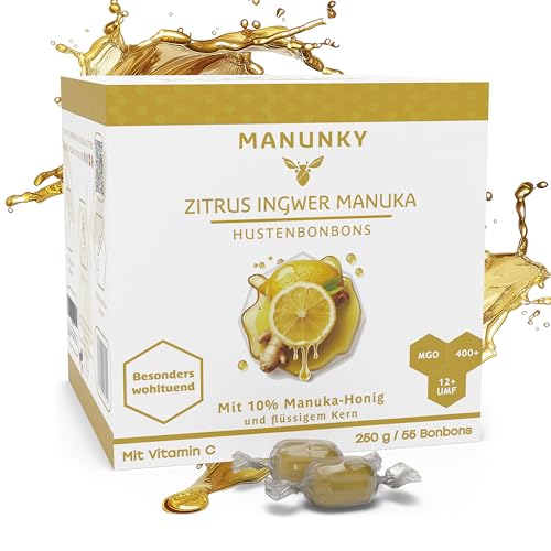 Manunky Hustenbonbons mit 10% Manukahonig MG400+ aus Neuseeland (250g) - Wohltuende Manuka Honig Bonbons mit Vitamin C, Zitrone & Ingwer Geschmack von Manunky