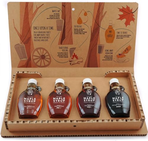 MapleFarm - Reiner Ahornsirup in illustrierter Schachtel. Geschenk Probierpaket mit den 4 Varianten: GOLD, AMBER, DARK, VERY DARK von MapleFarm