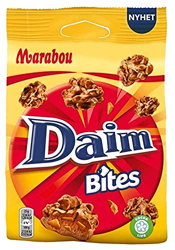 Marabou Daim Bites 8 x 140 g – kleiner Snack mit Mandel-Karamell Stückchen, umhüllt von cremig–zarter Schokolade und Cornflakes – knusprige Süßigkeiten, perfekt für unterwegs von Marabou