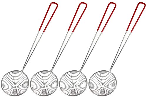 yoaxia ® - [ 4x ] Fondue-Sieb Ø 7,5cm L 29cm, silberfarben mit rotem Griff, Sieblöffel für Feuertopf, Mongolentopf von Yoaxia