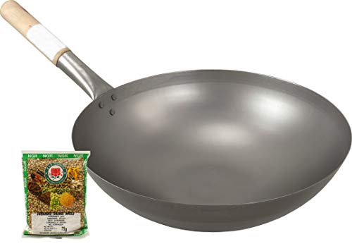 yoaxia ® - [ Wok Ø 35 cm runder Boden ] Asiatische Eisenpfanne / Küchen Wok / Pfanne + 1x [ 75g ] NGR Koriander - ganz ( Dhania ) von Marke: yoaxia