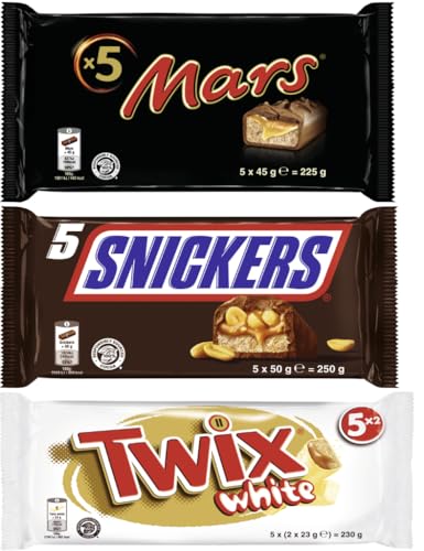 Schokoriegel Multipack-Mix 3 Packungen, 15 Riegel (705g) I Mars 5x45g I Snickers 5x50g I Twix White 5x46g I Milchschokolade I Karamell I Erdnüsse I Weiße Schokolade I Keks von Mars