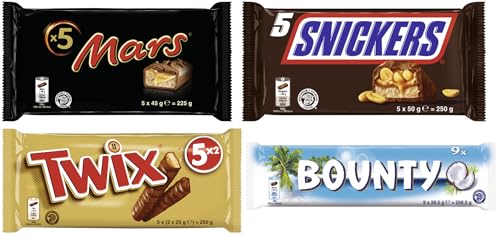 Schokoriegel Multipack-Mix 4 Packungen, 24 Riegel (981,5g) I Mars 5x45g I Snickers 5x50g I Twix 5x50g I Bounty 9x28,5g I Milchschokolade I Erdnüsse I Karamell I Kokos I Keks von Mars