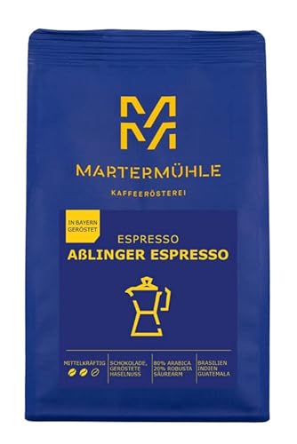 Martermühle Aßlinger Espresso Espressobohnen 1kg I Arabica/Robusta I Aromen: Geröstete Haselnuss, Schokolade I Ganze Espresso-Bohnen schonend geröstet, säurearm von Martermühle