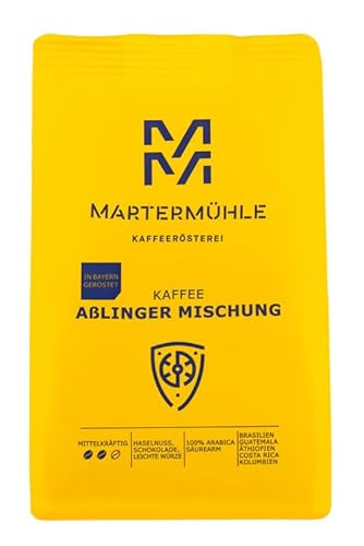 Martermühle Aßlinger Mischung Kaffeebohnen 1kg I Arabica I Aromen: Haselnuss, Leichte Würze, Schokolade I Ganze Kaffee-Bohnen schonend geröstet, säurearm von Martermühle