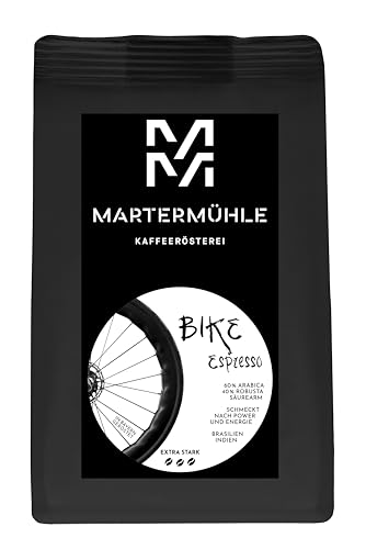 Martermühle Bike Espressobohnen 500g kräftig I Arabica/Robusta I Aromen: Macadamianuss, Milchschokolade I Ganze Espresso-Bohnen schonend geröstet, säurearm von Martermühle