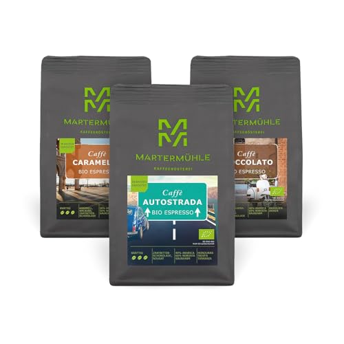 Martermühle Bio Espressobohnen Probierset 3x250g kräftig I Arabica/Robusta I Ganze Bio Espresso-Bohnen schonend geröstet, säurearm (782/803/806) von Martermühle