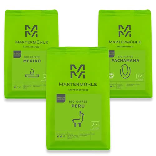 Martermühle Bio Kaffeebohnen Probierset 3x250g mild/mittelkräftig I Arabica I Ganze Bio Kaffee-Bohnen schonend geröstet, säurearm (68/74/426) von Martermühle