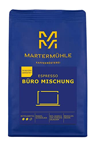 Martermühle Büro Mischung Espressobohnen 1 kg mittelkräftig | Arabica/Robusta | Aromen: Mandel, Schokolade | Ganze Espresso-Bohnen schonend geröstet, säurearm von Martermühle