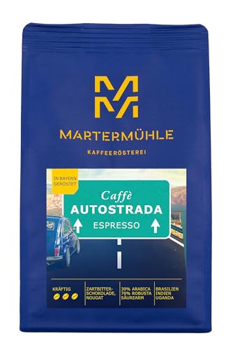 Martermühle Caffè Autostrada Espressobohnen 1kg kräftig I Arabica/Robusta I Aromen: Nougat, Zartbitterschokolade I Ganze Espresso-Bohnen schonend geröstet, säurearm von Martermühle