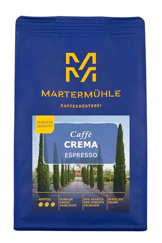 Martermühle Crema Espresso 500g kräftig I Arabica/Robusta I Aromen: Dunkler Kakao, Haselnuss I Ganze Espresso-Bohnen schonend geröstet, säurearm von Martermühle