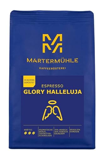 Martermühle Glory Halleluja Espressobohnen 1kg kräftig I Arabica/Robusta I Aromen: Aromatische Würze, Zartbitterschokolade I Ganze Espresso-Bohnen schonend geröstet, säurearm von Martermühle