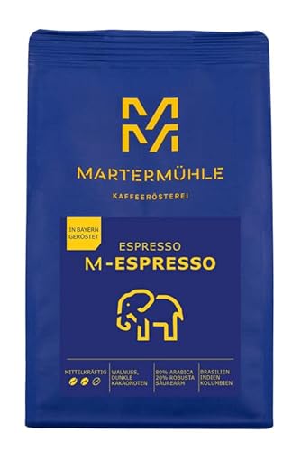 Martermühle M-Espresso Espressobohnen 1kg mittelkräftig I Arabica/Robusta I Aromen: Dunkle Kakaonoten, Walnuss I Ganze Espresso-Bohnen schonend geröstet, säurearm von Martermühle