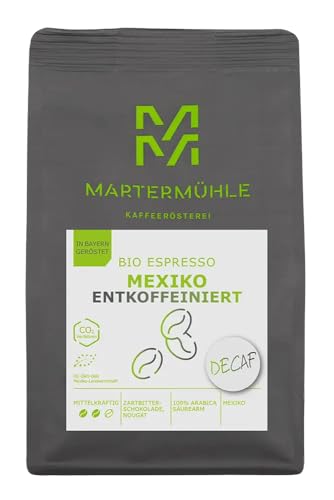 Martermühle Mexiko Bio Espressobohnen entkoffeiniert 250g mittelkräftig I Arabica I Aromen: Nougat, Zartbitterschokolade I Ganze Bio Espresso-Bohnen schonend geröstet, säurearm von Martermühle