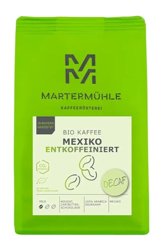 Martermühle Mexiko Bio Kaffeebohnen entkoffeiniert 1kg mild I Arabica I Aromen: Nougat, Zartbitterschokolade I Ganze Bio Kaffee-Bohnen schonend geröstet, säurearm von Martermühle