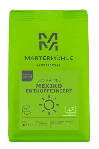 Martermühle Mexiko Bio Kaffeebohnen entkoffeiniert 250g mild I Arabica I Aromen: Nougat, Zartbitterschokolade I Ganze Bio Kaffee-Bohnen schonend geröstet, säurearm von Martermühle