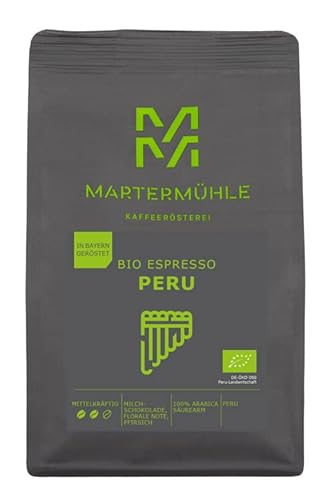 Martermühle Peru Bio Espressobohnen 500g mittelkräftig I Arabica/Robusta I Aromen: Florale Note, Milchschokolade, Pfirsich I Ganze Bio Espresso-Bohnen schonend geröstet, säurearm von Martermühle