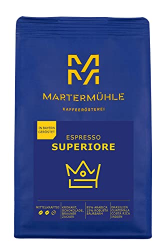 Martermühle Superiore Espressobohnen 1kg kräftig I Arabica/Robusta I Aromen: Brauner Zucker, Krokant, Schokolade I Ganze Espresso-Bohnen schonend geröstet, säurearm von Martermühle