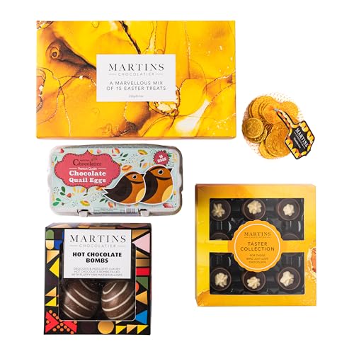 Martin’s Chocolatier Osterkorb | Luxuriöse Schoko-Box mit 15 lustigen Pralinen und Trüffeln, Schokoladenmünzen, Mini-Qual-Eiern, heißen Schokobomben und Milchschokolade-Dessertbechern als Geschenkset von Martins Chocolatier