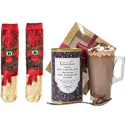 Martins Chocolatier Hot Chocolate Geschenkset | Trinkschokolade aus belgischer Schokoladenspäne | inkl. Glas und Marshmallows Milchschokolade & Rentiersocken von Martins Chocolatier