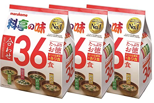 Marukome Miso Ryotei no Aji Suppe, 4 Geschmacksrichtungen, 36 japanische Miso-Suppen (Wakame-Algen, Frühlingszwiebeln, Tofu, Aburaage), 3 Packungen von Marukome