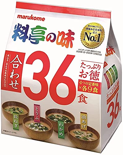 Marukome Miso Ryotei no Aji Suppe, 4 Geschmacksrichtungen, Pack mit 36 Instant-Suppen aus Japan (Wakame-Algen, grüne Zwiebeln, Tofu, Aburaage) von Marukome