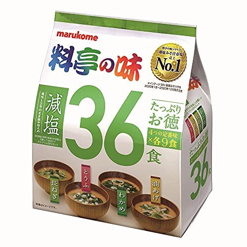 Marukome Miso-Suppe Ryotei no Aji 4 Geschmacksrichtungen, reduziertes Salz, Packung mit 36 ​​Instant-japanischen Miso-Suppen (Wakame-Algen, Frühlingszwiebeln, Tofu, Aburaage) von Marukome