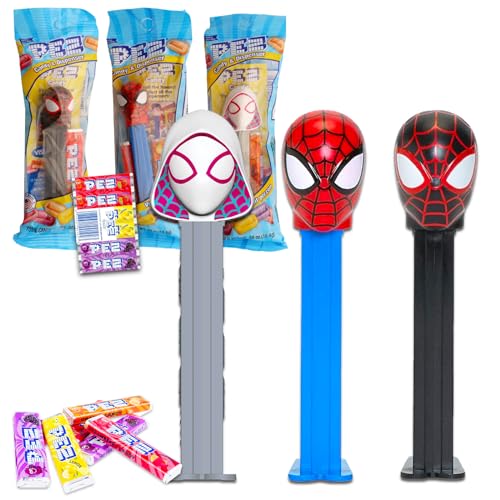 Spiderman PEZ-Spender, 4 Stück, Bündel mit 3 Pez-Spendern mit Spiderman-PEZ-Nachfüllpackung, Marvel Spiderman PEZ Süßigkeitenspender und Süßigkeiten-Nachfüllpackungen von Marvel