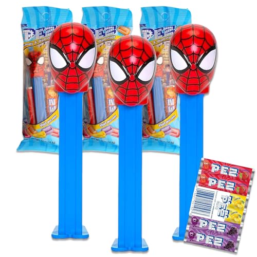 Spiderman PEZ-Spender, 4 Stück, Bündel mit 3 Pez-Spendern mit Spiderman-PEZ-Nachfüllpackung, Marvel Spiderman PEZ Süßigkeitenspender und Süßigkeiten-Nachfüllpackungen von Marvel