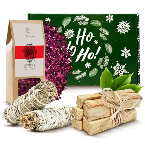 Geschenkset - natürliches zeremonielles Räucherwerk | Palo Santo | Weißer Salbei | Rote Rosenblüten | Bursera graveolens, Salvia apiana | Räuchern, Esoterik, Meditation von Mary Rose