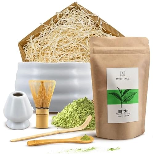 Geschenkset zum Aufbrühen von Matcha-Tee | Japanischer Matcha Mary Rose Tee | Matcha-Aufbrühzubehör: chawan, kusenaoshi, chasen, chashaku | 100g von Mary Rose