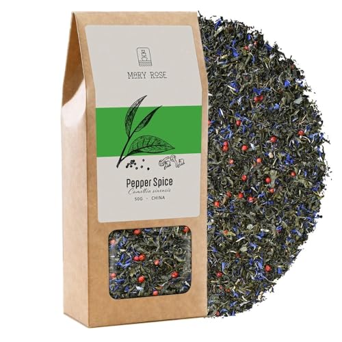 Mary Rose Grüntee Pepper Spice | Grüntee Yunnan | China-Tee | Originelle Kombination aus Tee, Gewürzen und Kräutern | Roter Pfeffer, Minze | Teeinquelle | Natürliche Stimulation | 50g von Mary Rose