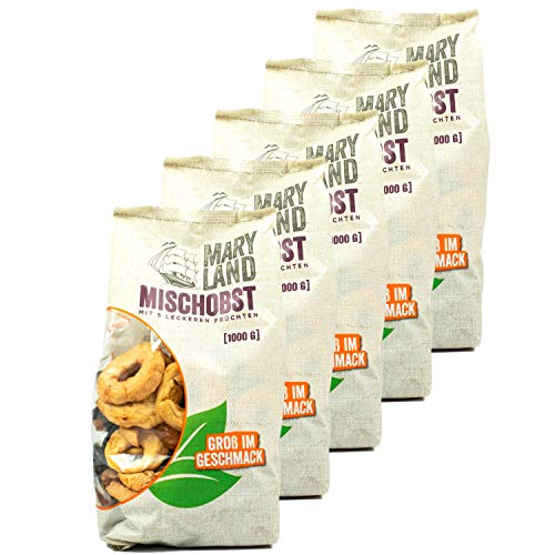 Maryland - 5er Pack Mischobst Trockenfrüchte mit 5 verschiedenen Früchten 1 kg Packung - Getrocknete Früchte Trockenobst Mischung mit Apfelringen, Pflaumen, Aprikosen, Birnen & Pfirsichen (entsteint) von Maryland