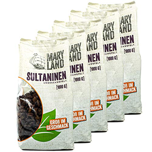 Maryland - 5er Set Sultaninen ungeschwefelt 1 kg - Naturbelassene Premium Rosinen saftig, fruchtig & süß im Geschmack ideal für Müsli, Süßspeisen, als Topping oder zum Backen (Trockenfrüchte 2x1000g) von Maryland