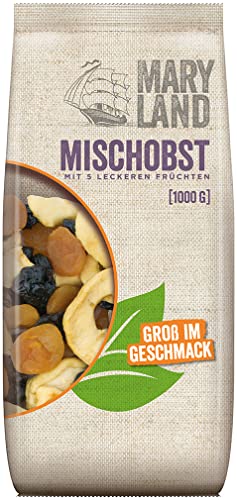 Maryland Mischobst 1kg Vorratspackung – Mit getrockneten Apfelringen, Pflaumen, Aprikosen, Birnen und Pfirsichen im Großbeutel – Veganes Trockenobst, perfekt zum Snacken (1 x 1kg) von Maryland