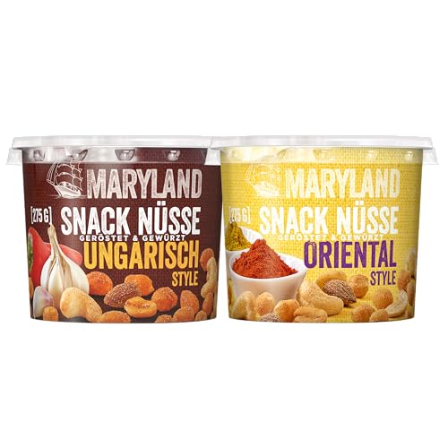 Maryland Snack Nüsse 2er Pack Oriental & Ungarisch Style - Knackige Nussmischungen mit verfeinert mit typischen Gewürzen - Mixpack zum Probieren im wiederverschließbaren Becher - 2 x 275 g von Maryland