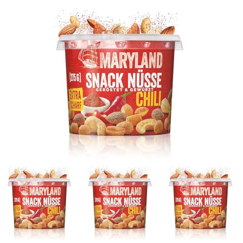 Maryland Snack Nüsse Chili 275g Becher – Knackig-scharf gewürzte Nussmischung mit gerösteten Erdnüssen, Cashewkernen und Mandeln – Chili-scharfer Mix in wiederverschließbarem Becher (1 x 275g) von Maryland