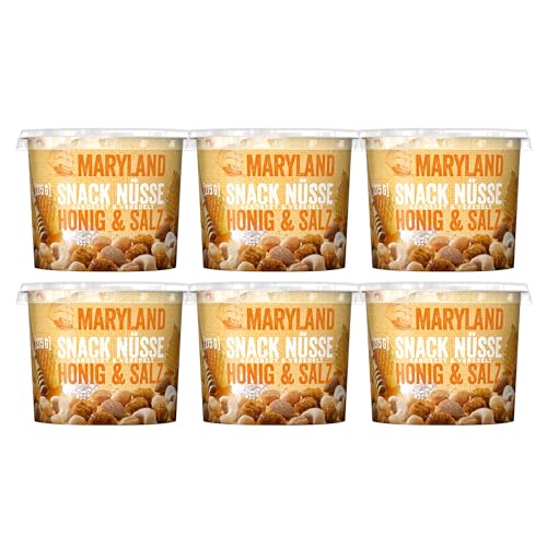 Maryland Snack Nüsse Honig & Salz 6 x 275g Becher - Erdnüsse, Cashewkerne und Mandeln in Nussmischung - Süß & salzig - wiederverschließbarer Becher (6 x 275 g) von Maryland