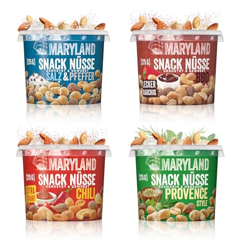 Maryland Snack Nüsse Probierpack (Chili, Provence, Salz & Pfeffer, BBQ) – Knackig-lecker gewürzte Nussmischungen mit verschiedenen gerösteten Nüssen (4 x 275g) von Maryland