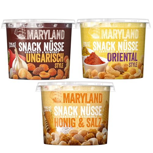 Maryland Snack Nüsse Probierpack (Ungarisch,Oriental,Honig&Salz) – Knackig-lecker gewürzte Nussmischungen mit verschiedenen gerösteten Nüssen (3 x 275g) von Maryland