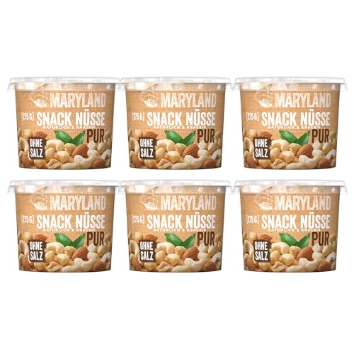 Maryland Snack Nüsse Pur 6 x 275g Becher - Erdnüsse, Cashewkerne und Mandeln in Nussmischung - Geröstet & ungesalzen - wiederverschließbarer Becher (6 x 275 g) von Maryland