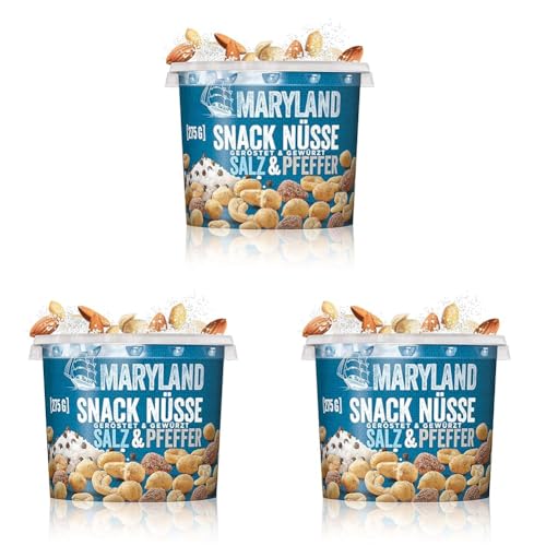 Maryland Snack Nüsse Salz & Pfeffer 275g Becher – Knackig-lecker gewürzte Nussmischung mit gerösteten Erdnüssen, Cashewkernen und Mandeln – Wiederverschließbarer Becher (1 x 275g) (Packung mit 3) von Maryland